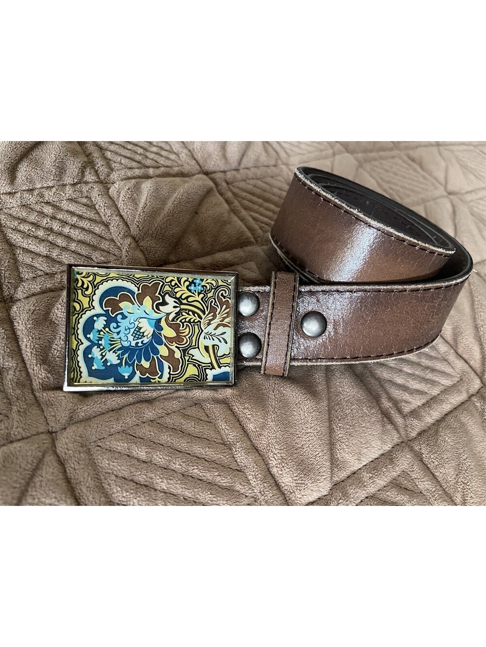 Vera Pelle - Leather Belt with Art Deco Blue and Brown Flower Buckle Size 30-32
